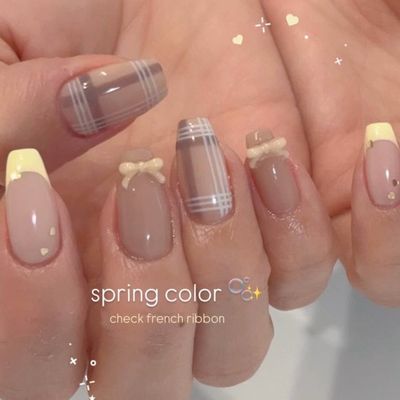 バーツ2つ無料✨️チェック×フレンチ‎🤍ネイル🎀🌼*･