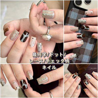 新作〜幾何学/ドット/レース/チェック柄ネイル¥9000