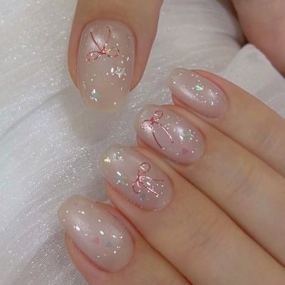 パーツ2つ無料✨️ちゅるちゅるオーロラ👼🫧×ミラーリボン🎀ネイル